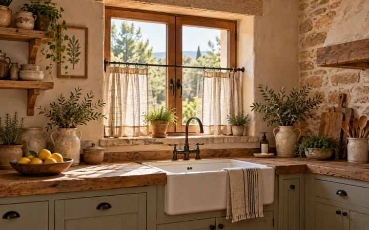 Cocina rústica con cortina corta tipo visillo en la ventana