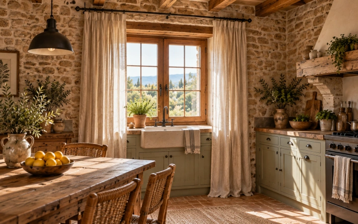 Cocina de casa rural con cortinas rústicas claras de aspecto lino