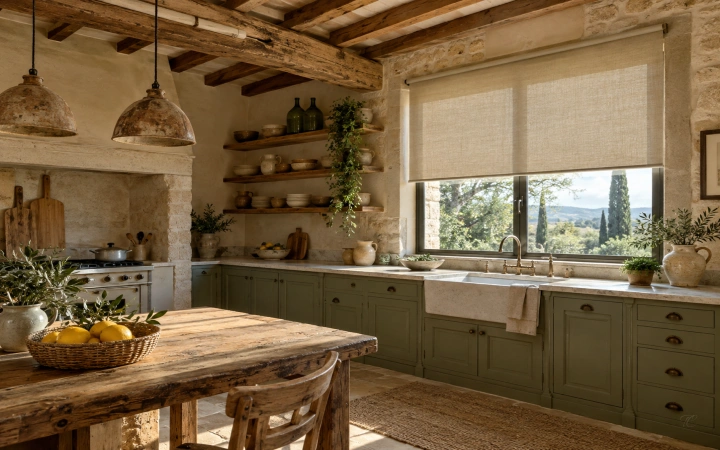 Cocina de casa rural con estor enrollable decorativo de aspecto natural