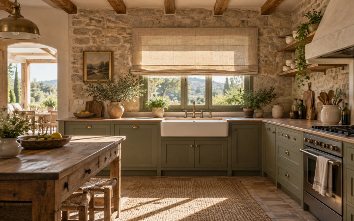 Cocina rústica con estor plegable de lino en tono natural
