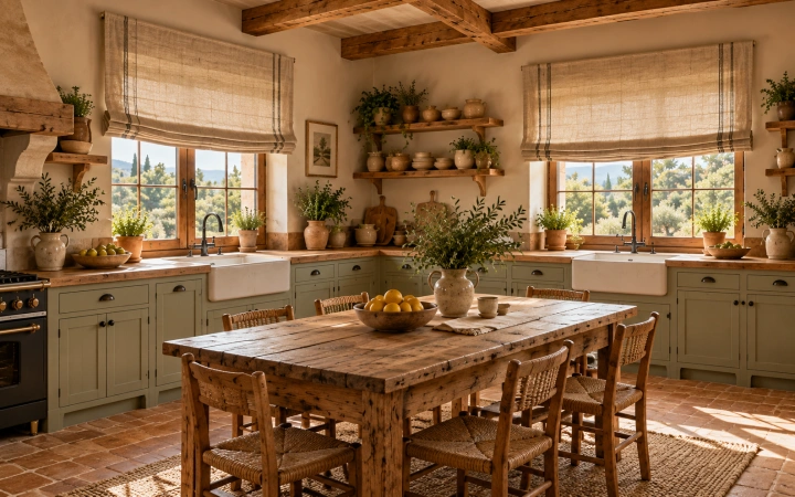 Cocina de estilo rústico con estores paqueto de aspecto lino