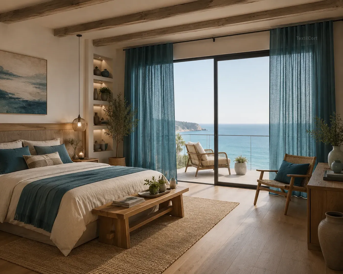 Dormitorio rústico contemporáneo con vistas al mar y cortinas azul petróleo