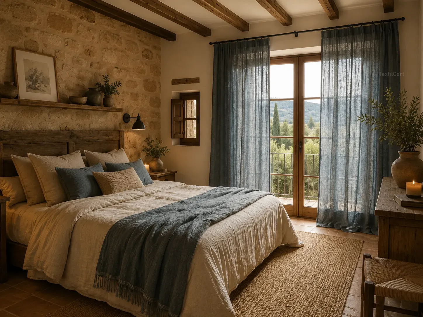 Dormitorio rústico con cortinas de lino color azul petróleo