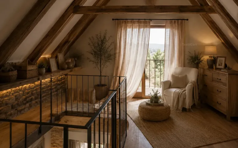 Interior de estilo rústico con cortinas naturales y luz cálida