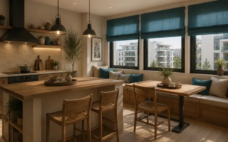 Cocina office rústico contemporánea con estores azul petróleo – TextilCort