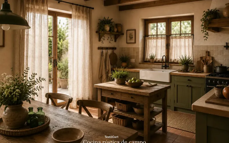 Cocina rústica de campo con cortinas de lino natural – TextilCort