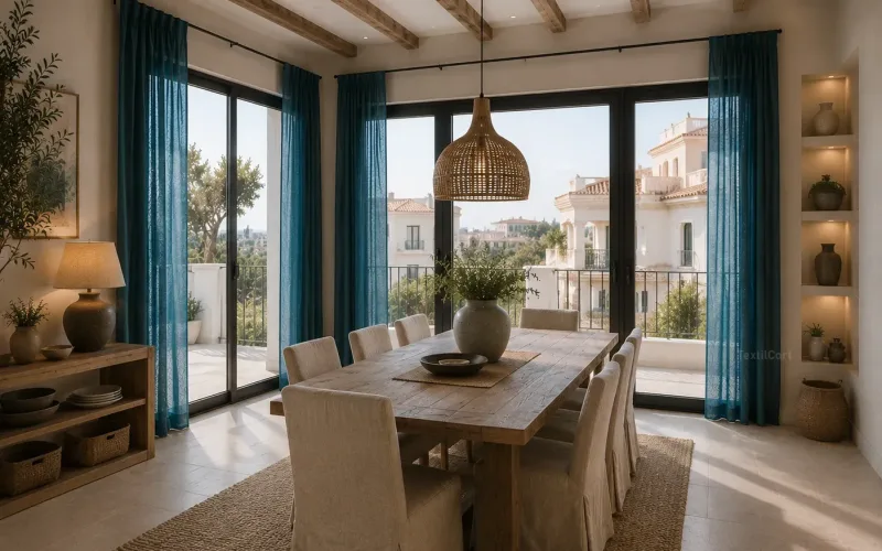 Comedor rústico contemporáneo con cortinas azul petróleo – TextilCort