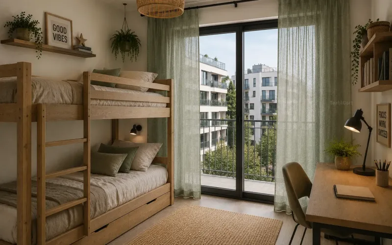 Dormitorio juvenil rústico contemporáneo con cortinas verde salvia – TextilCort