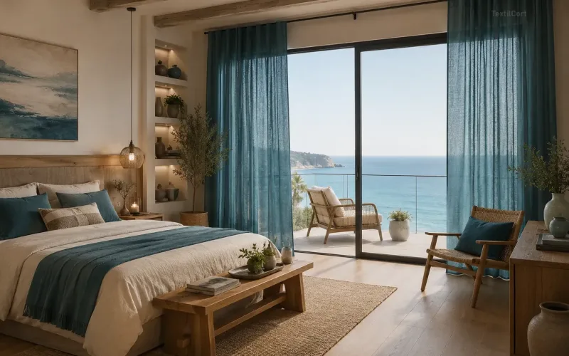 Interior de estilo rústico mediterráneo con cortinas de lino y luz natural