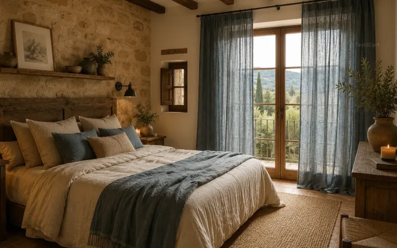 Dormitorio rústico con cortinas de lino color azul petróleo – TextilCort