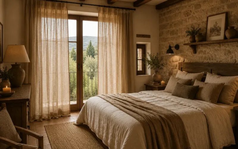 Dormitorio rústico con cortinas de lino color tierra – TextilCort