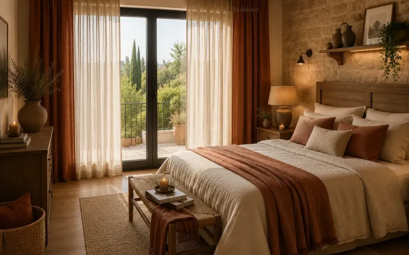 Dormitorio rústico con doble cortina color terracota – TextilCort