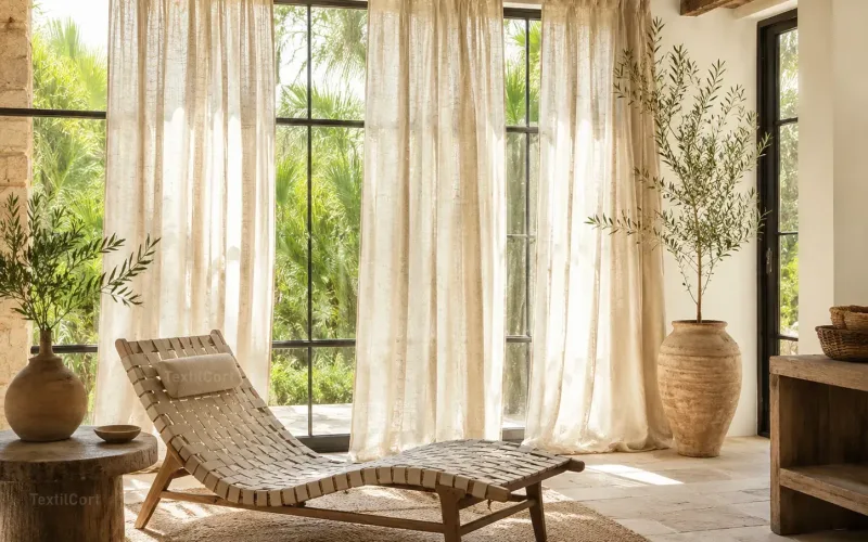 Interior rústico mediterráneo con cortinas de lino natural – TextilCort