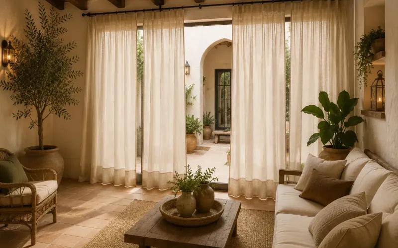 Patio interior rústico con cortinas de lino natural – TextilCort