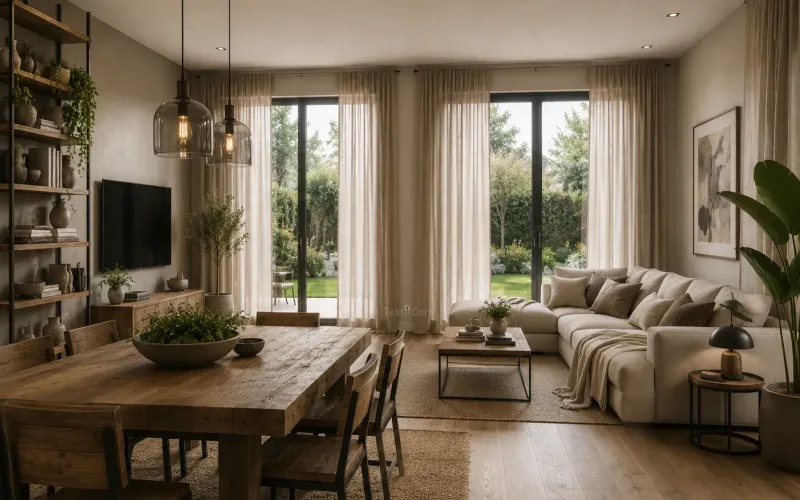 Salón comedor rústico moderno con cortinas color topo – TextilCort