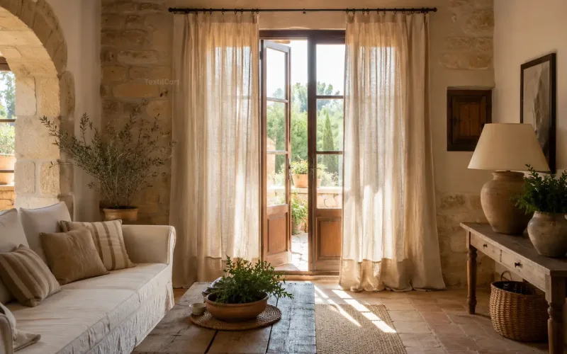 Salón rústico mediterráneo con cortinas de lino natural – TextilCort