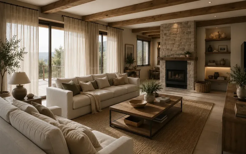 Salón rústico contemporáneo con cortinas de lino natural – TextilCort