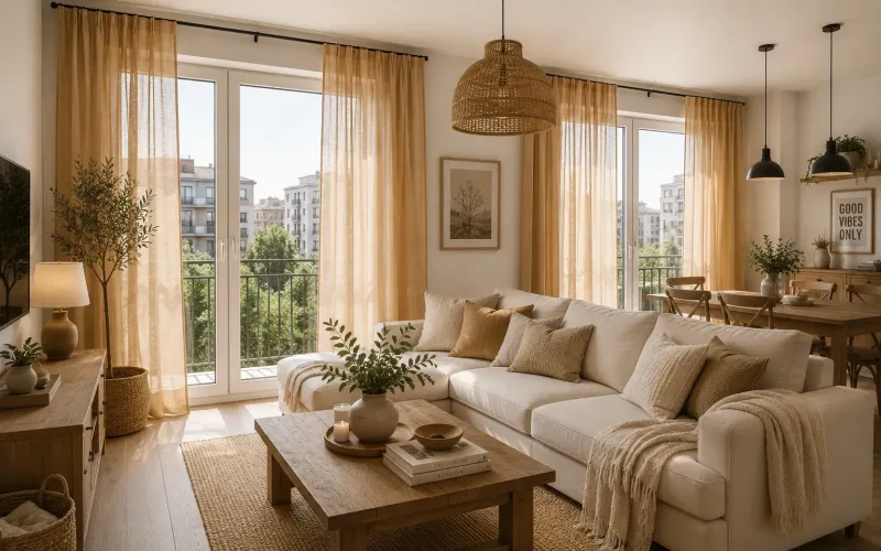 Salón rústico contemporáneo urbano con cortinas color ocre – TextilCort
