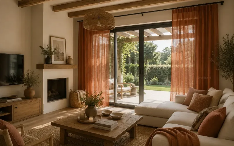 Salón rústico contemporáneo de chalet con cortinas color terracota – TextilCort