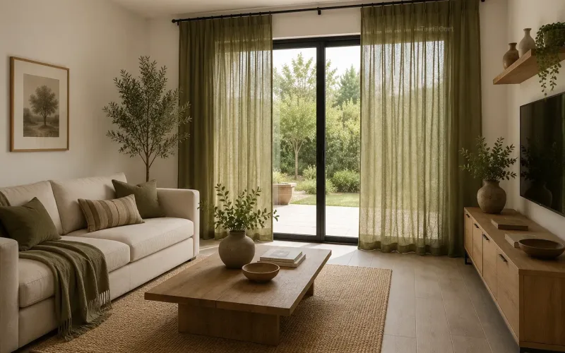 Salón rústico contemporáneo con cortinas color verde oliva – TextilCort