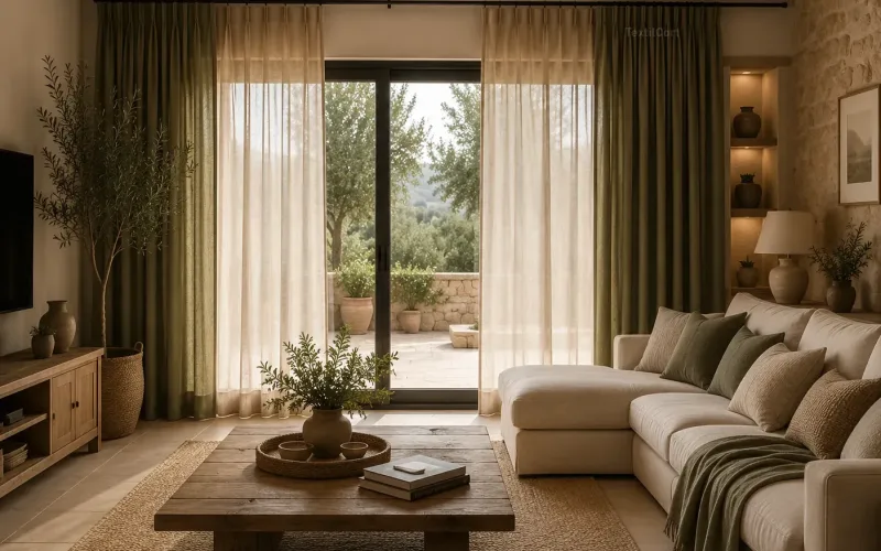 Salón rústico contemporáneo con doble cortina verde oliva – TextilCort
