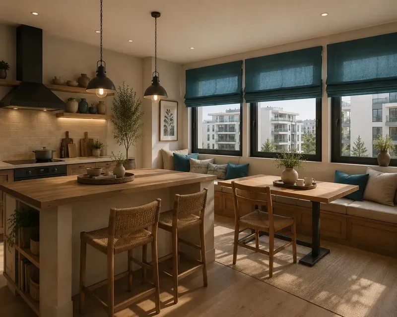 Cocina office rústico contemporánea con estores azul petróleo – TextilCort