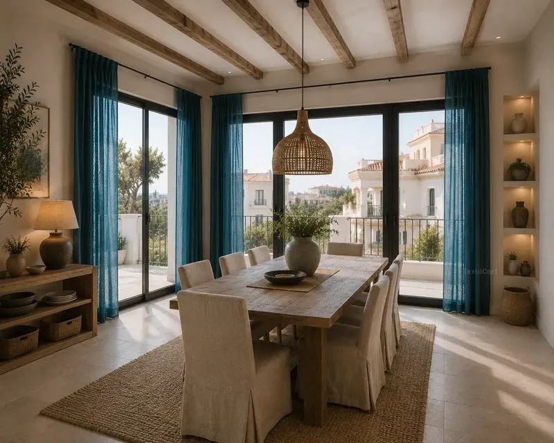 Comedor rústico contemporáneo con cortinas azul petróleo – TextilCort