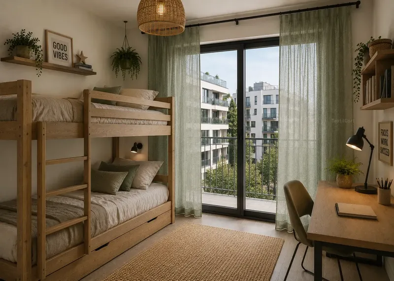 Dormitorio juvenil rústico contemporáneo con cortinas verde salvia – TextilCort