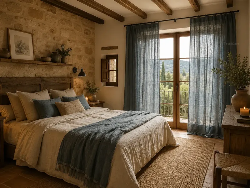 Dormitorio rústico con cortinas de lino color azul petróleo – TextilCort