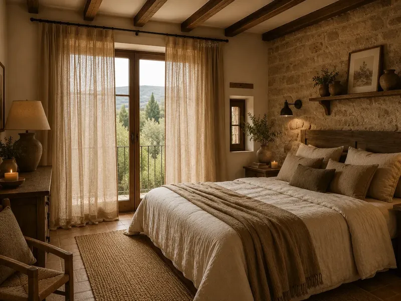 Dormitorio rústico con cortinas de lino color tierra – TextilCort