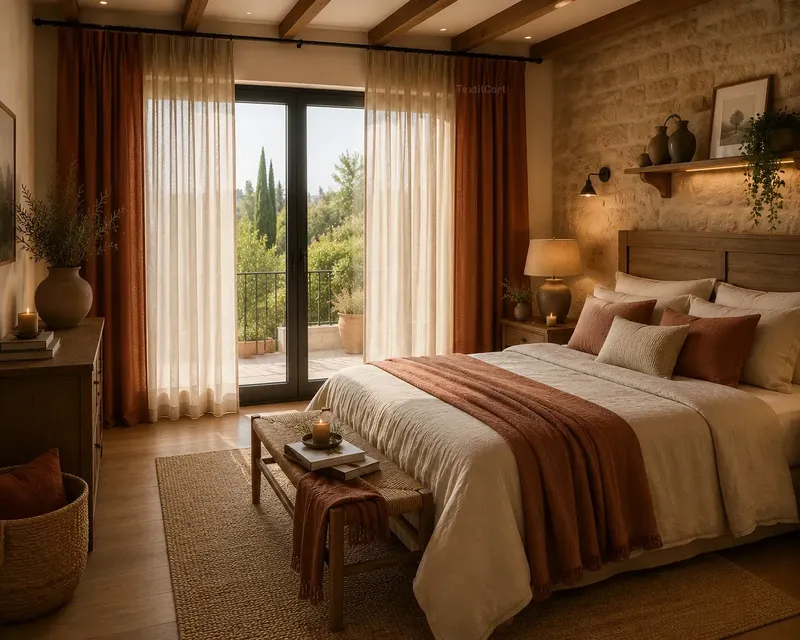 Dormitorio rústico con doble cortina color terracota – TextilCort
