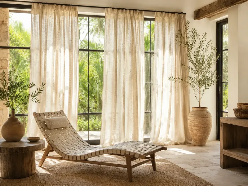 Interior rústico mediterráneo con cortinas de lino natural – TextilCort