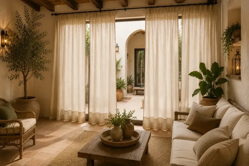 Patio interior rústico con cortinas de lino natural – TextilCort
