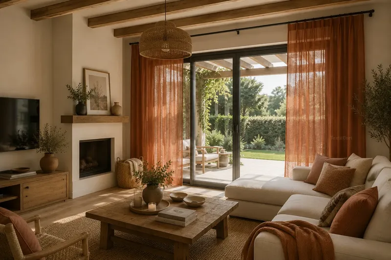 Salón rústico contemporáneo de chalet con cortinas color terracota – TextilCort