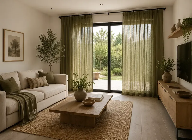 Salón rústico contemporáneo con cortinas color verde oliva – TextilCort