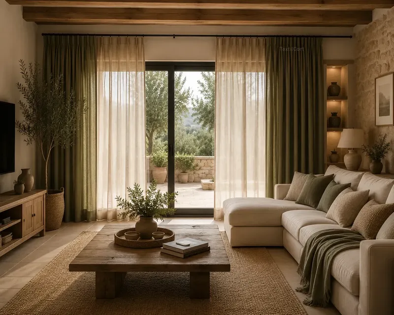 Salón rústico contemporáneo con doble cortina verde oliva – TextilCort