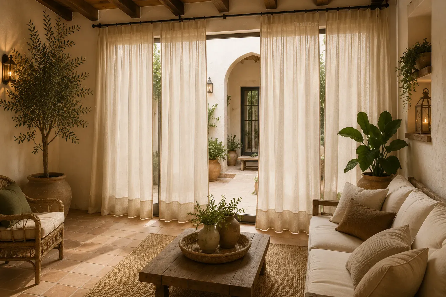 Patio interior rústico con cortinas de lino natural
