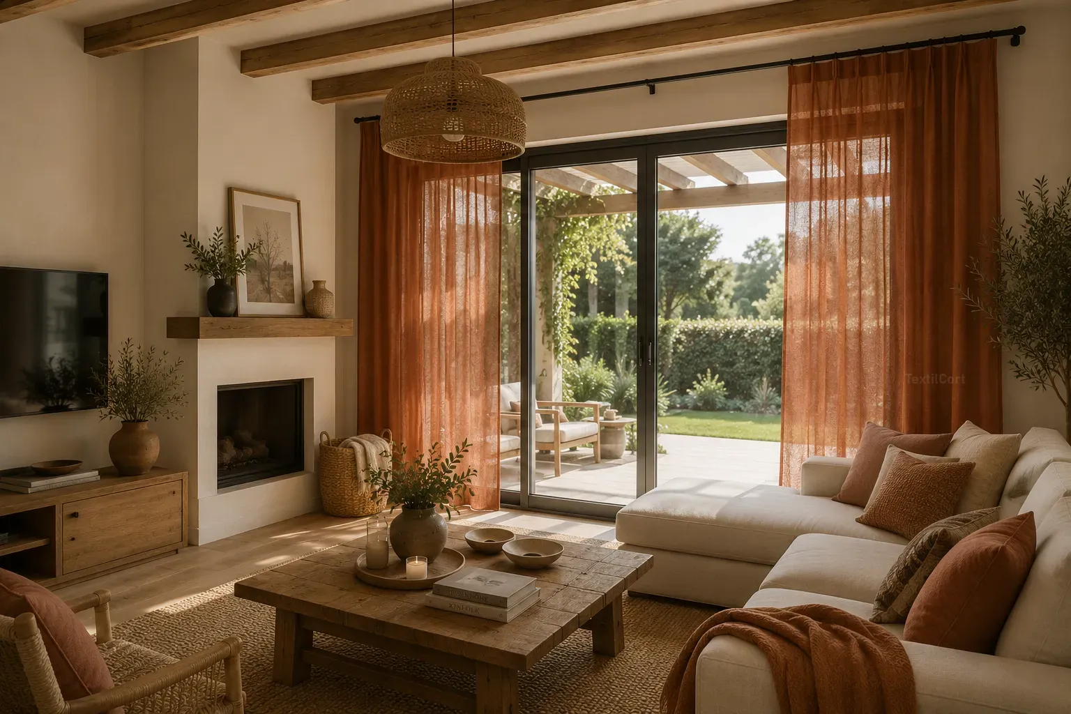Salón rústico contemporáneo de chalet con cortinas color terracota