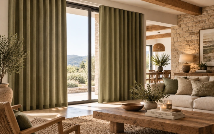 Cortina decorativa verde en un salón rústico contemporáneo