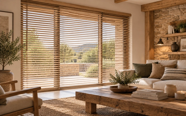 Veneciana de madera natural en un salón de estilo rústico