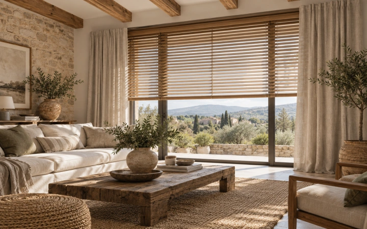 Veneciana de madera combinada con cortinas laterales en un salón rústico
