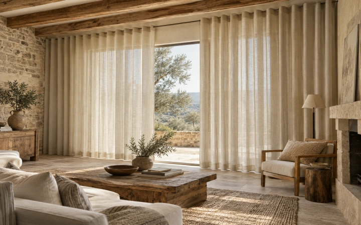 Cortinas de Onda Perfecta en tonos tierra en un salón rústico