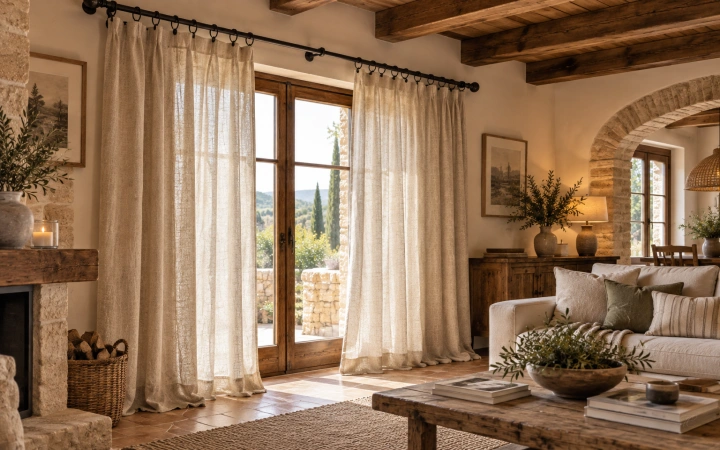 Cortinas rústicas sobre barra de forja con anillas