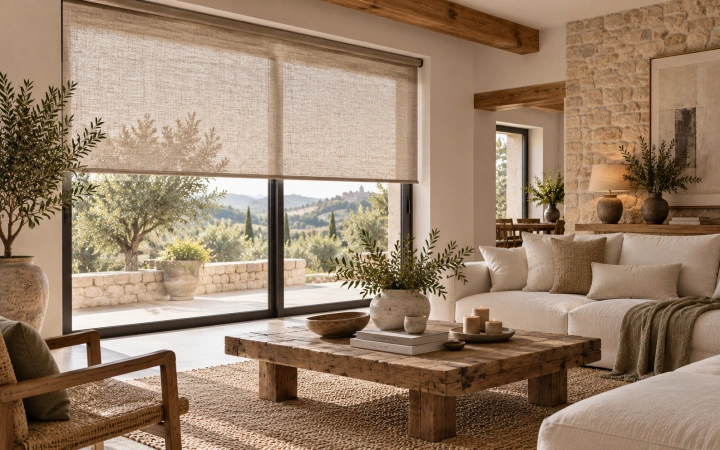 Estor enrollable decorativo de aspecto natural en un salón rústico contemporáneo