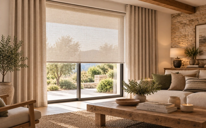 Estor enrollable decorativo combinado con cortinas laterales en un salón rústico
