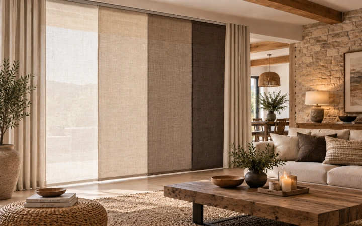 Panel japonés combinado con cortinas laterales en tonos naturales en un salón rústico