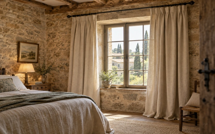 Cortinas rústicas de aspecto lino en dormitorio de casa rural