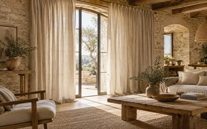 Cortinas rústicas de caída natural en salón de casa rural con salida a terraza