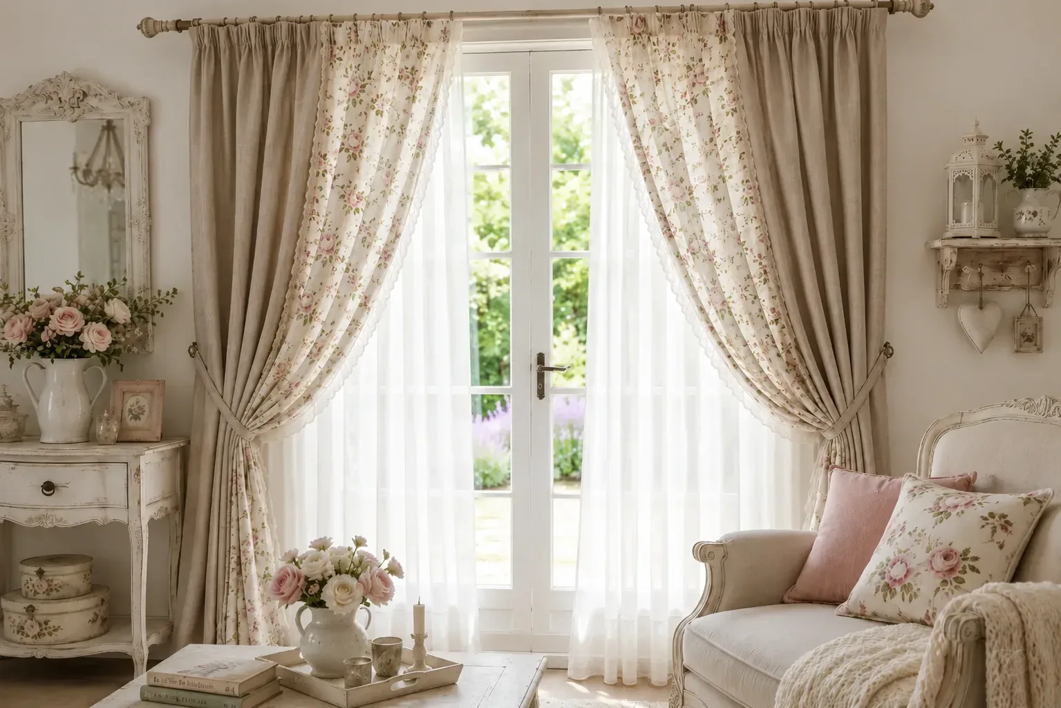 Salón Shabby Chic con doble cortina y estampado floral