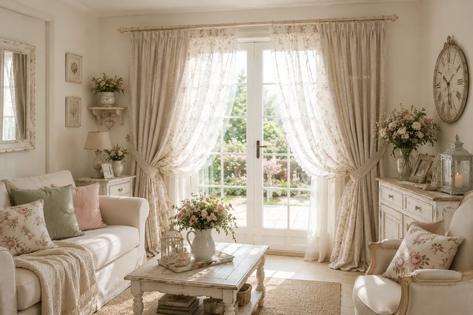 Salón estilo Shabby Chic con cortinas florales, visillos ligeros y decoración vintage